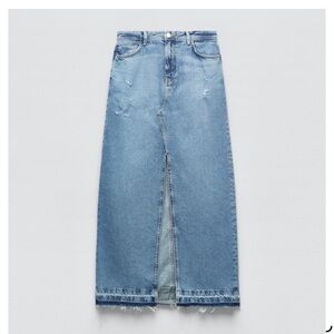 Zara Light Blue Denim Maxi Skirt with Front Slit